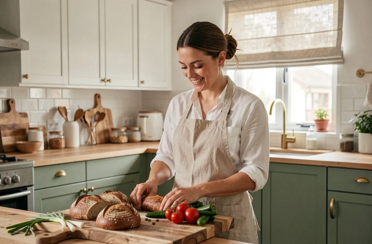 Femme cuisinant dans une cuisine IKEA rénovée avec façades vert sauge et robinetterie en laiton pour un style haut de gamme abordable