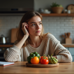 Jeune femme dans la cuisine avec légumes colorés