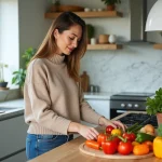 Femme arrangeant légumes frais dans une cuisine moderne