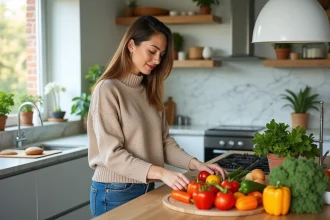 Femme arrangeant légumes frais dans une cuisine moderne