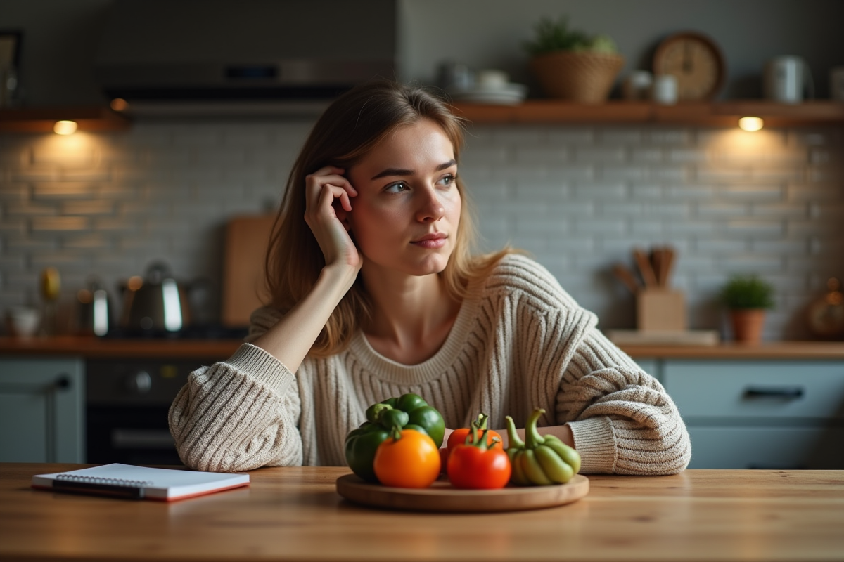 Jeune femme dans la cuisine avec légumes colorés