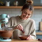 Femme souriante verse la creme patissiere au chocolat dans un bol