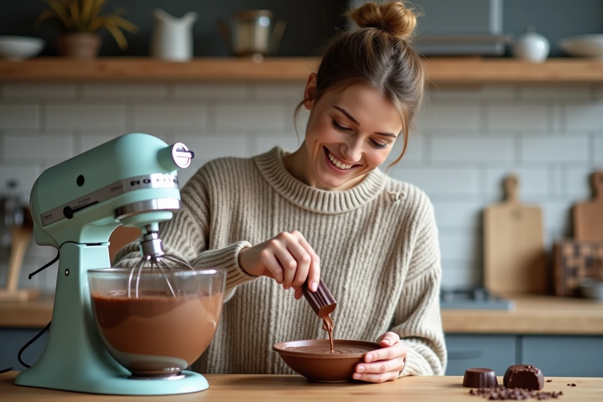 Femme souriante verse la creme patissiere au chocolat dans un bol