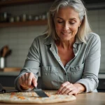 Femme souriante nettoyant une pierre à pizza en cuisine