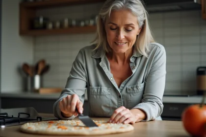 Femme souriante nettoyant une pierre à pizza en cuisine