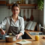 Femme dégustant une sauce ail maison dans la cuisine