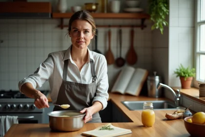 Femme dégustant une sauce ail maison dans la cuisine