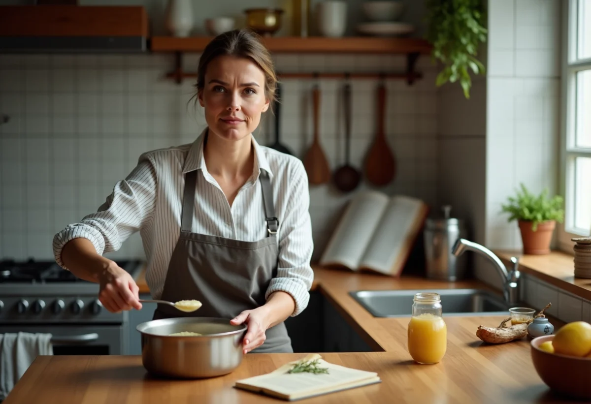 Femme dégustant une sauce ail maison dans la cuisine