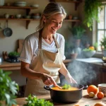 Femme souriante en cuisine rustique préparant une soupe pistou