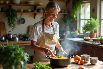 Femme souriante en cuisine rustique préparant une soupe pistou