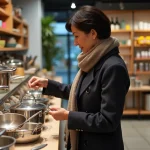 Femme d'âge moyen examine ustensiles en acier inoxydable dans une cuisine moderne