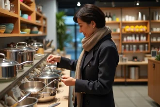 Femme d'âge moyen examine ustensiles en acier inoxydable dans une cuisine moderne