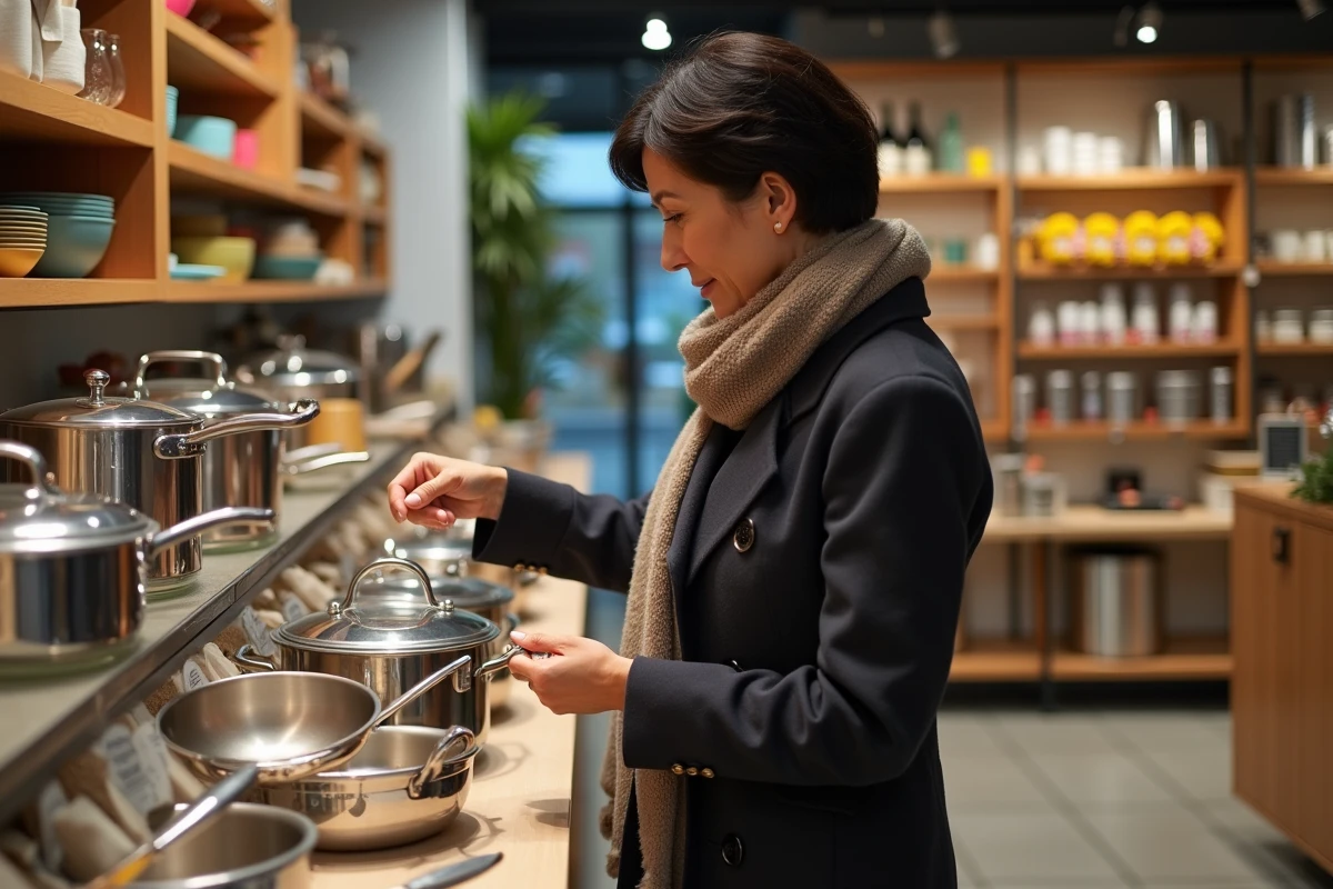Femme d'âge moyen examine ustensiles en acier inoxydable dans une cuisine moderne