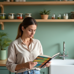 Femme examine un nuancier de couleurs dans une cuisine verte