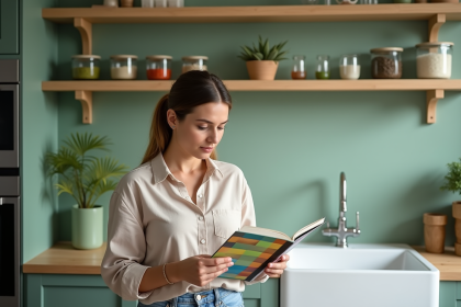 Femme examine un nuancier de couleurs dans une cuisine verte