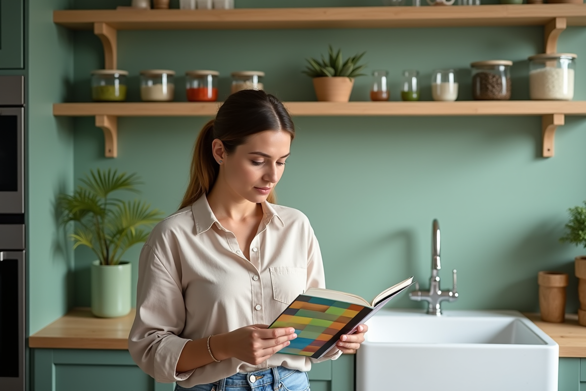 Femme examine un nuancier de couleurs dans une cuisine verte