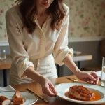 Femme élégante servant un filet de porc miel soja
