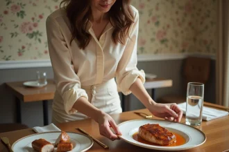 Femme élégante servant un filet de porc miel soja