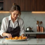 Femme en cuisine garnissant une pastilla de fruits de mer dorée