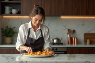 Femme en cuisine garnissant une pastilla de fruits de mer dorée