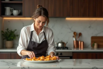Femme en cuisine garnissant une pastilla de fruits de mer dorée