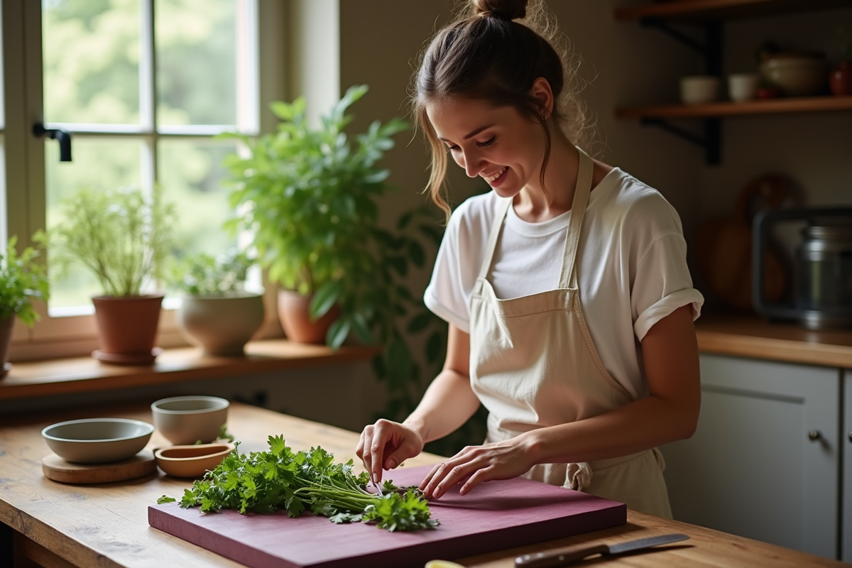Jeune femme coupant des herbes sur une planche en bois violet