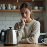 Femme regardant l'intérieur d'une bouilloire électrique en cuisine