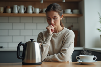 Femme regardant l'intérieur d'une bouilloire électrique en cuisine