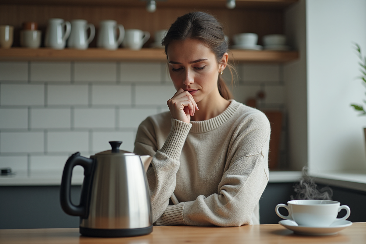 Femme regardant l'intérieur d'une bouilloire électrique en cuisine