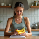 Femme examinant une banane dans sa cuisine lumineuse