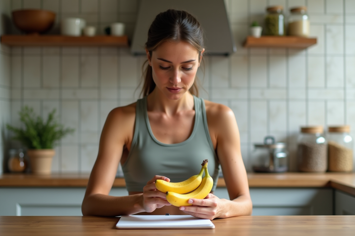 Femme examinant une banane dans sa cuisine lumineuse