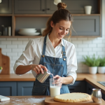 Jeune femme versant du lait dans un siphon en cuisine moderne