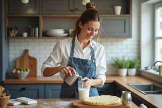 Jeune femme versant du lait dans un siphon en cuisine moderne