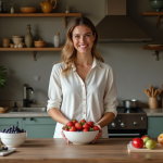Femme heureuse lave des fruits dans une cuisine chaleureuse