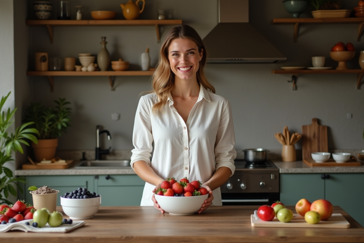 Femme heureuse lave des fruits dans une cuisine chaleureuse
