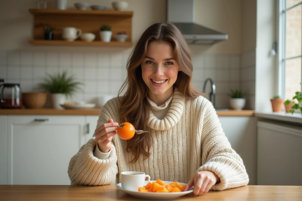 Jeune femme mangeant un kaki à la cuillère lors d'un petit-déjeuner maison confortable