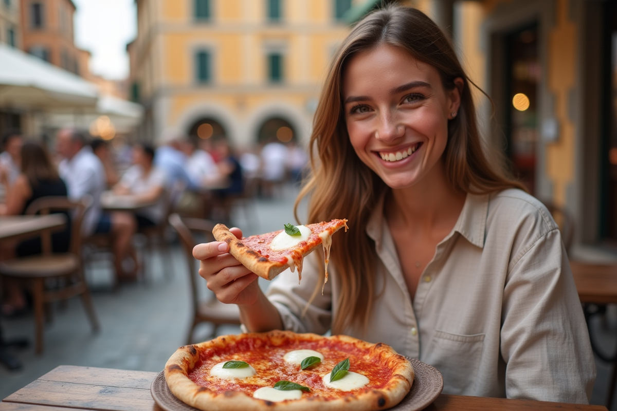 Jeune femme souriante dégustant une pizza Margherita en terrasse italienne