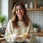 Jeune femme souriante avec tarte aux poires dans la cuisine