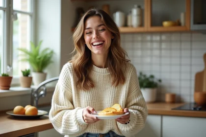 Jeune femme souriante avec tarte aux poires dans la cuisine