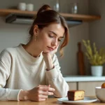 Femme dans sa trentaine dégustant un gâteau léger dans une cuisine moderne