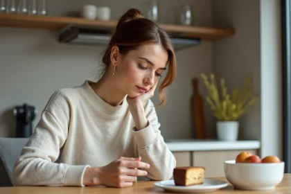 Femme dans sa trentaine dégustant un gâteau léger dans une cuisine moderne