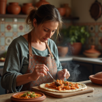Femme marocaine préparant un batbout au poulet dans une cuisine traditionnelle