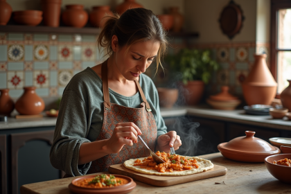 Femme marocaine préparant un batbout au poulet dans une cuisine traditionnelle