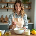 Femme souriante préparant mayonnaise maison dans la cuisine