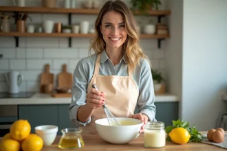 Femme souriante préparant mayonnaise maison dans la cuisine