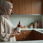 Femme musulmane examine une bouteille de vinaigre halal dans la cuisine