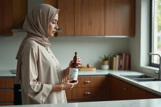 Femme musulmane examine une bouteille de vinaigre halal dans la cuisine