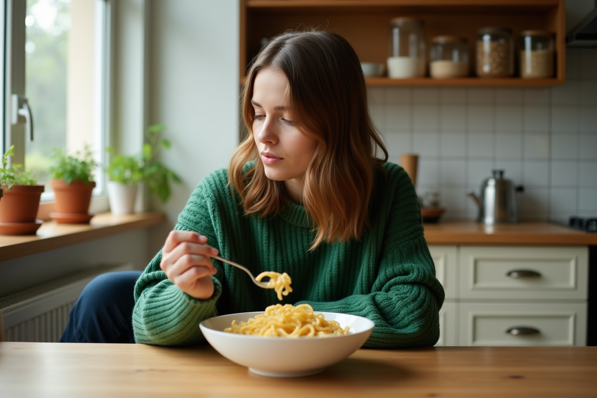 Jeune femme en cuisine avec un bol de pâtes