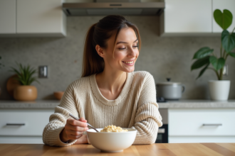Femme en sweater oatmeal dégustant un bol de porridge dans une cuisine lumineuse