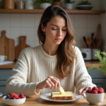 Jeune femme mangeant du pain complet au petit déjeuner